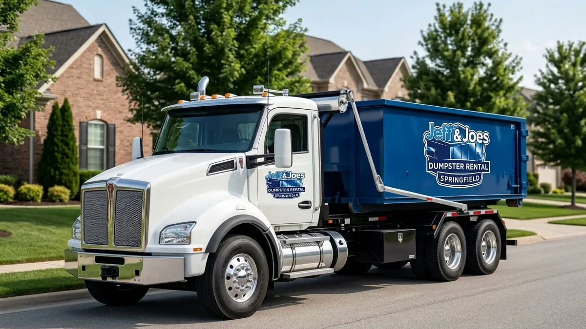 Dumpster delivery across the Springfield, MO service area Jeff & Joes Dumpster Rental Springfield delivering a roll-off dumpster across the Springfield service area