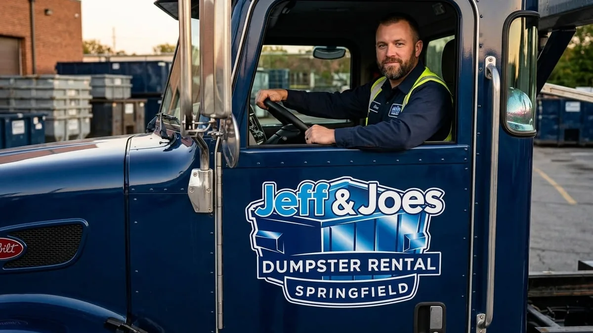 Jeff & Joes Dumpster Rental Springfield roll-off truck delivering in Springfield, MO Jeff & Joes Dumpster Rental Springfield roll-off truck delivering in Springfield, MO