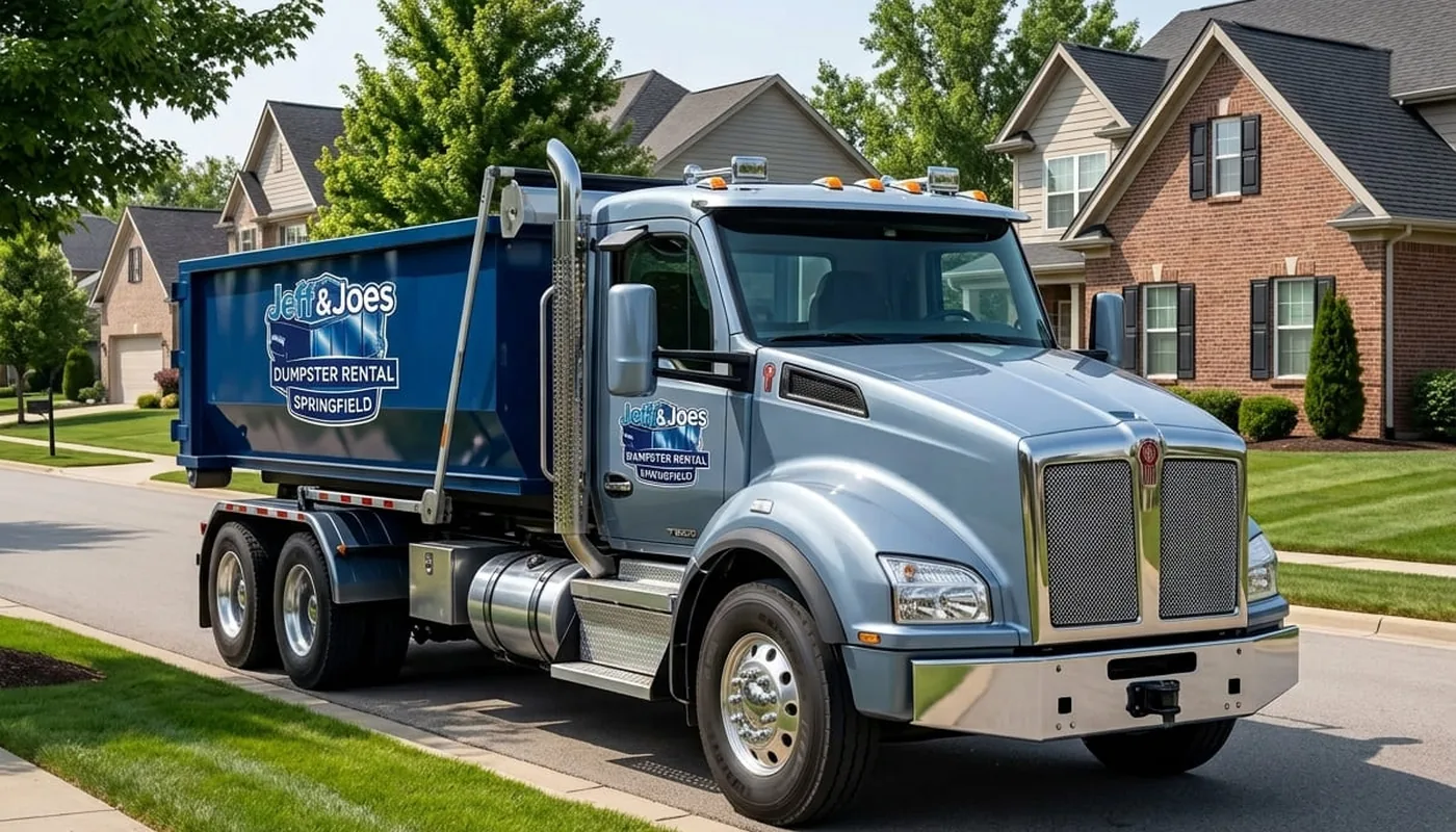 Dumpster rental in Springfield, MO Jeff & Joes roll-off dumpster being delivered to a Springfield, Missouri driveway